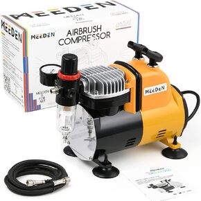 MEEDEN Airbrush Compressor 1/5hp Model 7002, Professional Single Piston, Oil-Free Long Life Maintenance Free, Running Cool Quiet Air Compressor Kit, Regulator Water Trap, Dual Holder, Air Hose Yellow