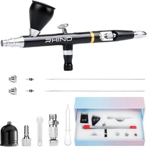 Rhinowisdom Airbrush Kit - Airbrush Gun Set Dual-Action Gravity Feed with 0.35, 0.4 & 0.5mm Needle Sets - Air Brush Set with 2 1/3 oz Replacement Cups for Nails Model Painting Cake Tattoo Makeup