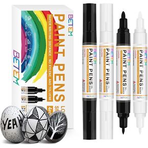 Betem 4 Count Dual Tip Oil Based White Black Paint Markers Paint Pens(0.7mm & 3mm), Permanent Paint Marker, Waterproof, Quick Dry, for Rock Painting, Wood, Plastic, Metal, Canvas(2White 2Black)