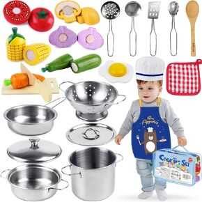 Kids Pots and Pans Playset for Kids Kitchen Toys for Toddlers 1-3 Play Kitchen Accessories Play Food Stainless Steel Wooden Toy Apron, Chef Hat, Cutting Fruits for Girls and Boys