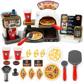 deAO Pretend Play Store Coffee Playset Kids Coffee Maker Play Set Pizzas Shop with Cash Register 30pcs STEM Toy for Kids Great Pre-School Gift for Toddlers Boys & Girls Age 3+