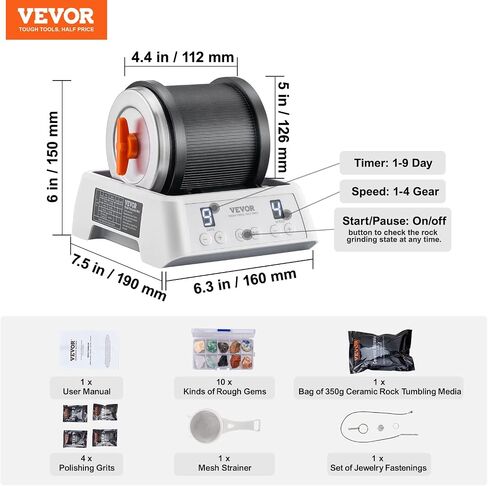 مجموعة VEVOR Direct Drive Rock Tumbler Kit، مؤقت 4 سرعات/9 أيام، ملمع الصخور الاحترافي مع أحجار كريمة خشنة/حبيبات/مجوهرات، مجموعة تلميع الحجر لوقت ممتع للعائلة، هدية STEM للبالغين والأطفال in Kuwait