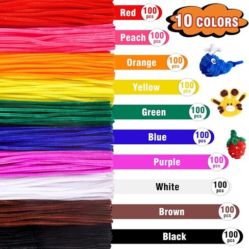 Aoibrloy 1000 PCS Pipe Cleaners Craft Supplies, 10 Color Chenille Stems for Kids Crafts Projects and Decorations (12inch×6mm） in Kuwait