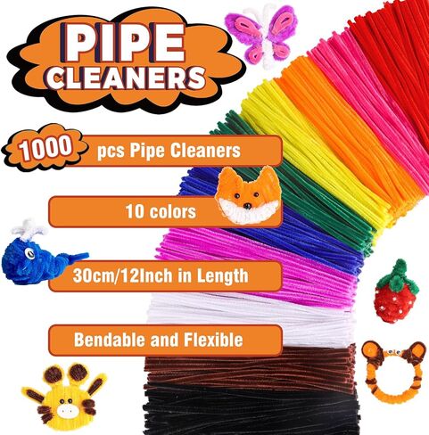 Aoibrloy 1000 PCS Pipe Cleaners Craft Supplies, 10 Color Chenille Stems for Kids Crafts Projects and Decorations (12inch×6mm） in Kuwait