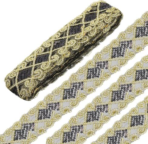 MECCANIXITY 10 Yard Sequins Beaded Lace Trim 2.36 Inch Sequins Lace Mesh Ribbon Paillette Sequins Ribbon Trim for Crafts, Embellishments, DIY Sewing Costume Gold in Kuwait
