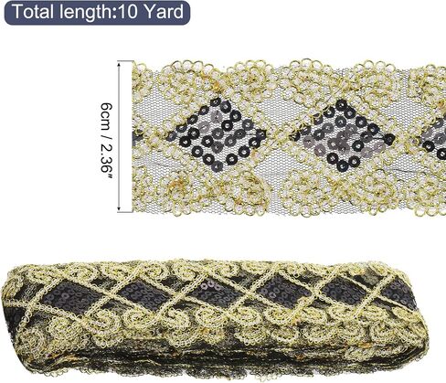 MECCANIXITY 10 Yard Sequins Beaded Lace Trim 2.36 Inch Sequins Lace Mesh Ribbon Paillette Sequins Ribbon Trim for Crafts, Embellishments, DIY Sewing Costume Gold in Kuwait