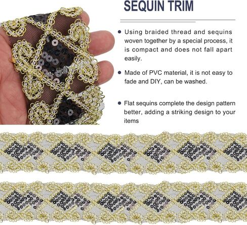 MECCANIXITY 10 Yard Sequins Beaded Lace Trim 2.36 Inch Sequins Lace Mesh Ribbon Paillette Sequins Ribbon Trim for Crafts, Embellishments, DIY Sewing Costume Gold in Kuwait
