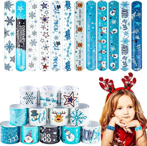 lommos 48pcs عيد الميلاد الأزرق الأبيض صفعة سوار، عيد الميلاد المفاجئة معصمه مع سانتا كلوز نجمة الرنة ثلج ندفة الثلج للأطفال حزب تفضل اللعب الصغيرة (12 تصميم in Saudi Arabia