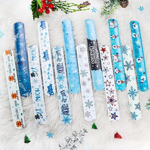 lommos 48pcs عيد الميلاد الأزرق الأبيض صفعة سوار، عيد الميلاد المفاجئة معصمه مع سانتا كلوز نجمة الرنة ثلج ندفة الثلج للأطفال حزب تفضل اللعب الصغيرة (12 تصميم in Saudi Arabia