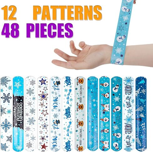 lommos 48pcs عيد الميلاد الأزرق الأبيض صفعة سوار، عيد الميلاد المفاجئة معصمه مع سانتا كلوز نجمة الرنة ثلج ندفة الثلج للأطفال حزب تفضل اللعب الصغيرة (12 تصميم in Saudi Arabia