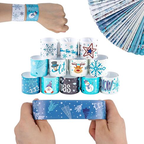 lommos 48pcs عيد الميلاد الأزرق الأبيض صفعة سوار، عيد الميلاد المفاجئة معصمه مع سانتا كلوز نجمة الرنة ثلج ندفة الثلج للأطفال حزب تفضل اللعب الصغيرة (12 تصميم in Saudi Arabia