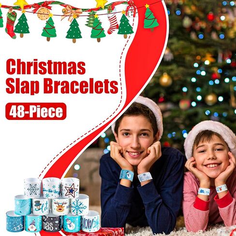 lommos 48pcs عيد الميلاد الأزرق الأبيض صفعة سوار، عيد الميلاد المفاجئة معصمه مع سانتا كلوز نجمة الرنة ثلج ندفة الثلج للأطفال حزب تفضل اللعب الصغيرة (12 تصميم in Saudi Arabia