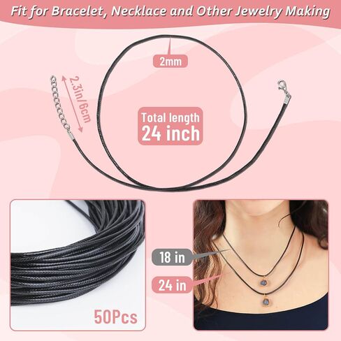 Paxcoo 50Pcs Black Waxed Cotton Cord, 24 Inch Necklace String Rope with Clasp, Bulk for Charms, Pendants, Bracelets, Jewelry Making Supplies and Beading Supplies in Saudi Arabia