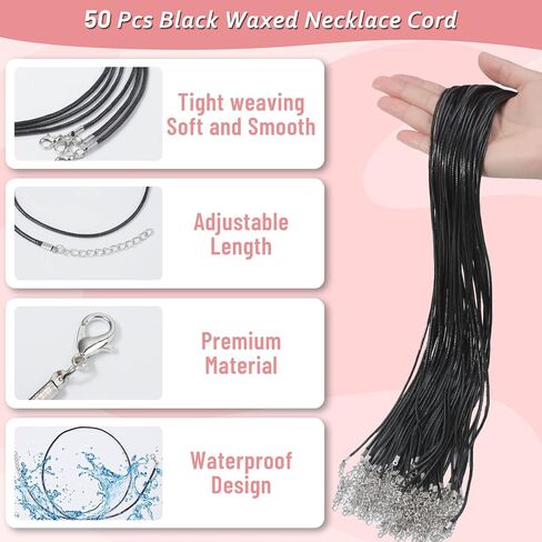 Paxcoo 50Pcs Black Waxed Cotton Cord, 24 Inch Necklace String Rope with Clasp, Bulk for Charms, Pendants, Bracelets, Jewelry Making Supplies and Beading Supplies in Saudi Arabia