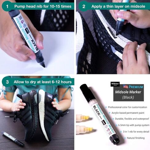 Wilkins Premium Midsole Marker for Customization Paint on Leather, Suede, Fabric and Soft Foam for 2-4 Pair of Shoes (Black) in Saudi Arabia