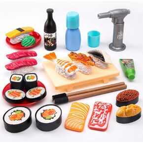 Funpynani Sushi Slicing Play Food Set, 34Pcs, 3+ Ages LED Light with Color Changing Pretend Food Toys Accessories with Velcro for Kids, Play Kitchen for Toddlers, Learning Gift for Girls Boys