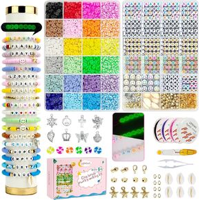 LZOUOWO 7200 Clay Beads Set Flat Heishi Beads for Bracelet Making Aesthetic Kit 24 Colors Polymer Clay Beads Jewelry Making and Letter Beads for Friendship Bracelets Smiley Face Number Glow Beads