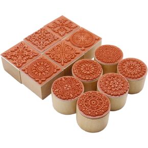 16Pcs Wooden Stamps and Craft Ink Pads Floral Pattern Rubber Stamp Round and Square Lace Wooden Rubber Stamps for Crafting, Scrapbooking and DIY Craft Card