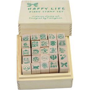 Pack of 25 Pcs Small Green Happy Life Shape Wooden Rubber Stamps with Box for DIY Craft Card and Photo Album (Green)