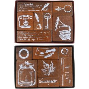 14pcs Wood Rubber Stamp Set, Vintage Decorative Wooden Stamp Set, Stamp for Art Craft, Journal, Diary, Scrapbook, Planner, Letter, Card Making M-06 (Moonlight)