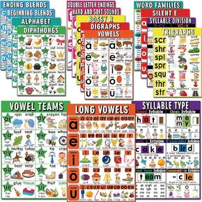 16 English Phonics Posters Language Arts Charts for Kids Toddler Learning Vowels Posters, Phonics Poster for Classroom, Digraphs and Blends Poster, Sound Wall Phonics Chart, Boho Classroom in Kuwait