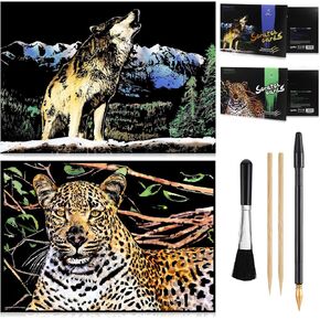 MIASTAR Scratch Art Animal Rainbow Painting Paper, Creative foil Scratch Art Toys Gift, Engraving Art & Craft Sets, DIY Sketch Card Scratchboard for Kids & Adults - 16'' x 11.2'' (Wolf/Lion) in Kuwait