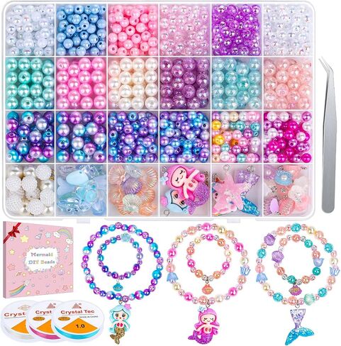 Qinzave 802Pcs Bracelet Making Kit for Girls Mermaid Beads for Jewelry Making Assorted Sizes 6mm 8mm Jewelry Making Kit with Mermaid Shell Pendants, Mermaid Beads for Bracelet Necklace DIY Craft in Kuwait