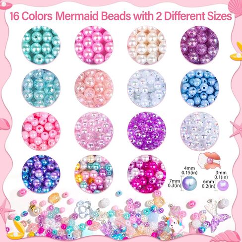Qinzave 802Pcs Bracelet Making Kit for Girls Mermaid Beads for Jewelry Making Assorted Sizes 6mm 8mm Jewelry Making Kit with Mermaid Shell Pendants, Mermaid Beads for Bracelet Necklace DIY Craft in Kuwait