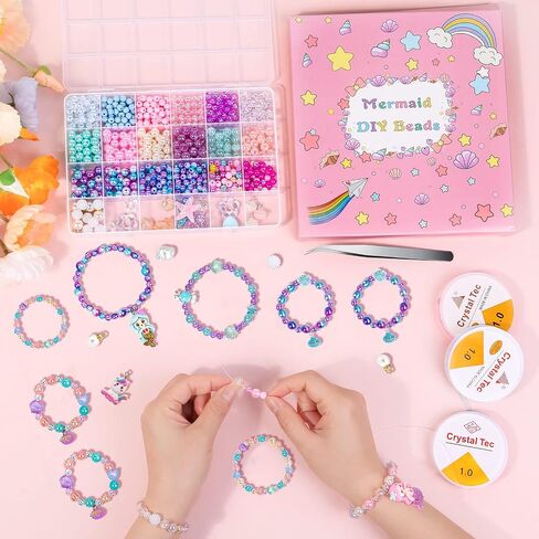 Qinzave 802Pcs Bracelet Making Kit for Girls Mermaid Beads for Jewelry Making Assorted Sizes 6mm 8mm Jewelry Making Kit with Mermaid Shell Pendants, Mermaid Beads for Bracelet Necklace DIY Craft in Kuwait