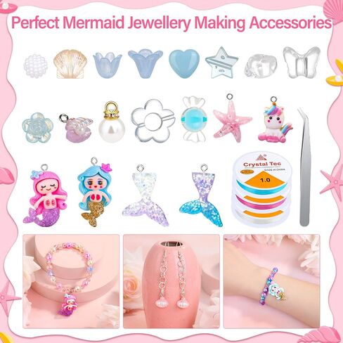 Qinzave 802Pcs Bracelet Making Kit for Girls Mermaid Beads for Jewelry Making Assorted Sizes 6mm 8mm Jewelry Making Kit with Mermaid Shell Pendants, Mermaid Beads for Bracelet Necklace DIY Craft in Kuwait
