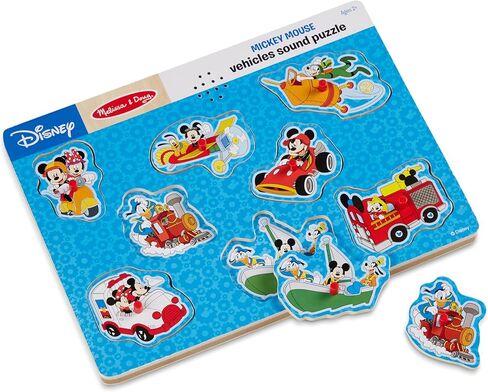 Melissa & Doug Disney Mickey Mouse and Friends Vehicles Sound Puzzle (8 pcs) - Mickey Mouse Toddler Toys, Wooden Sound Puzzles For Toddlers Ages 2+ in Saudi Arabia