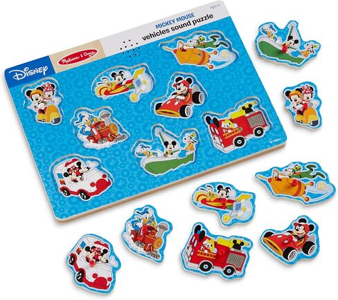 Melissa & Doug Disney Mickey Mouse and Friends Vehicles Sound Puzzle (8 pcs) - Mickey Mouse Toddler Toys, Wooden Sound Puzzles For Toddlers Ages 2+ in Saudi Arabia