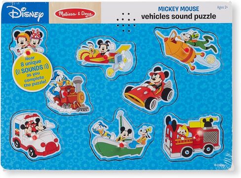Melissa & Doug Disney Mickey Mouse and Friends Vehicles Sound Puzzle (8 pcs) - Mickey Mouse Toddler Toys, Wooden Sound Puzzles For Toddlers Ages 2+ in Saudi Arabia
