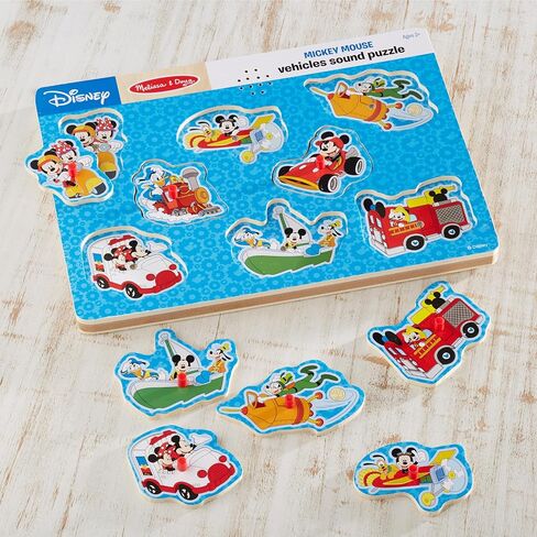 Melissa & Doug Disney Mickey Mouse and Friends Vehicles Sound Puzzle (8 pcs) - Mickey Mouse Toddler Toys, Wooden Sound Puzzles For Toddlers Ages 2+ in Saudi Arabia