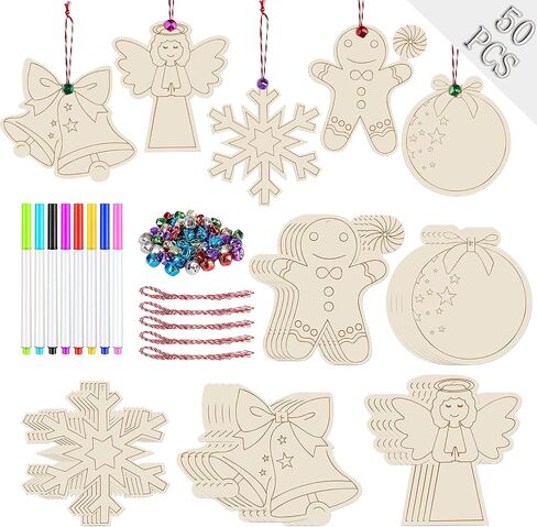 Artmag 50pcs Christmas Unfinished Wood Wooden DIY Ornaments Blank Round Wood Discs for Kids Crafts Centerpieces Holiday Hanging Decor Decorations in Kuwait