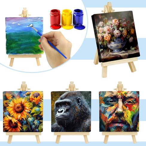 Mini Canvases Panels for Painting with Mini Easel,12 Set Small Art Canvases Sets for Kids Painting Acrylic Pouring Oil Water Color Craft Supply (4 x 4 Inch) in Kuwait