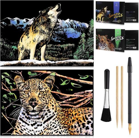 MIASTAR Scratch Art Animal Rainbow Painting Paper, Creative foil Scratch Art Toys Gift, Engraving Art & Craft Sets, DIY Sketch Card Scratchboard for Kids & Adults - 16'' x 11.2'' (Wolf/Lion) in Kuwait