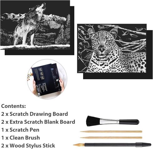 MIASTAR Scratch Art Animal Rainbow Painting Paper, Creative foil Scratch Art Toys Gift, Engraving Art & Craft Sets, DIY Sketch Card Scratchboard for Kids & Adults - 16'' x 11.2'' (Wolf/Lion) in Kuwait
