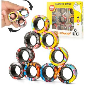 9Pcs Magnetic Rings Fidget Toys Pack, Magnets Finger Rings for ADHD Stress Relief, Colorful Camo Magical Fidget Rings for Training Relieves Autism Anxiety, Great Idea Gift for Adults Teens Kids