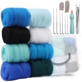 Zlulary Needle Felting Kit, Needle Felting Starter Kit, 8 Colors Wool Roving for Needle Felting, Fibre Wool Yarn Roving with Plastic Storage Box, Wool Felt Tools with Felting Needles (Dark)
