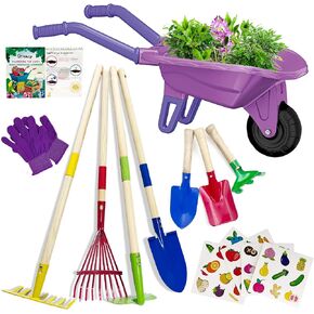 Qtioucp Kids Gardening Set with Wheelbarrow, Real Metal Garden Tools for Kids Ages 3-8, 4 Long Handle Tools, 3 Hand Tool, Gloves, 5 Stickers, Handbook, Outdoor Backyard Toys for Toddler Gift in Saudi Arabia