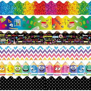 Geyee 84 Pieces 83 Feet Classroom Bulletin Board Borders Scalloped Rainbow Bulletin Board Trim Adhesive Decorations Colorful for Chalkboard, 6 Designs(Chic Style) in Kuwait