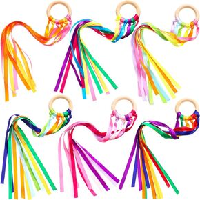 6 Pieces Ribbon Hand Kite Montessori Hand Kite Toy Creative Waldorf Toy Ribbon Streamer with Wood Ring Rainbow Wind Wand Learning Educational Hand Toys for Birthday Party (Vivid Colors)