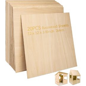 Basswood Sheets 1/8" - 3mm Plywood Sheets, 12 x 12 Inch Basswood Unfinished for Crafts, Laser Cutting, Engraving, DIY Arts, Drawing(20 Pack)