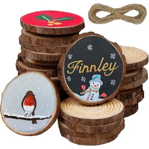 شرائح خشبية طبيعية مع فتحات من ATDAWN، 30 قطعة دوائر خشبية غير مكتملة مقاس 3.5-4 بوصات، مجموعة خشبية يدوية، زخارف عيد الميلاد مصنوعة يدويًا in Kuwait