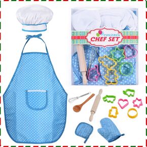 HmiL-U Chef Set for Kids - 13 Pcs Kids Cooking and Baking Set Includes Kids Apron, Chef Hat, Utensils, Cooking Mitt for Kids Chef Role Play Set , Gift for 3 Year Old Girls and up(Blue)
