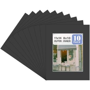 Golden State Art, Pack of 10 Black Pre-Cut 11x14 Picture Mat for 8x10 Photo with White Core Bevel Cut Mattes Sets. includes 10 Acid-Free Bevel Cut Mats & 10 Backing Board & 10 Clear Bags