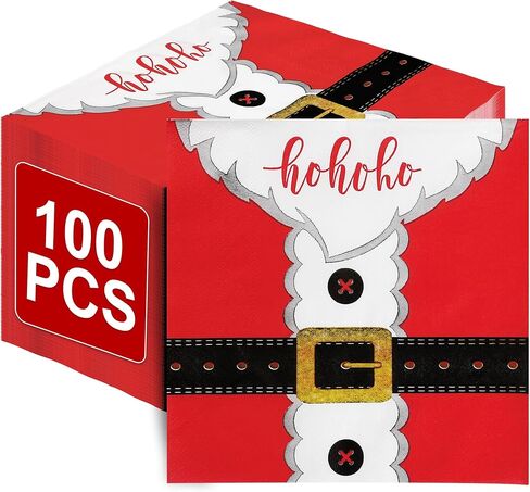 100 قطعة من مناديل عيد الميلاد، 4 طبقات مقاس 6.5 × 6.5 بوصة، مناديل عيد الميلاد الورقية للاستعمال مرة واحدة، مناديل حفلات عيد الميلاد، تصميم مشبك حزام سانتا، مناديل غداء العشاء لتزيين طاولات عيد الميلاد، مستلزمات الحفلات in Kuwait