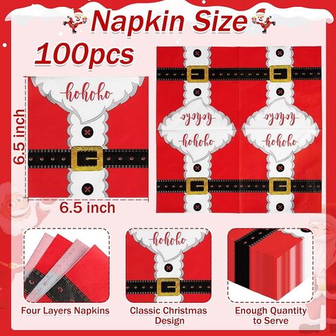 100 قطعة من مناديل عيد الميلاد، 4 طبقات مقاس 6.5 × 6.5 بوصة، مناديل عيد الميلاد الورقية للاستعمال مرة واحدة، مناديل حفلات عيد الميلاد، تصميم مشبك حزام سانتا، مناديل غداء العشاء لتزيين طاولات عيد الميلاد، مستلزمات الحفلات in Kuwait