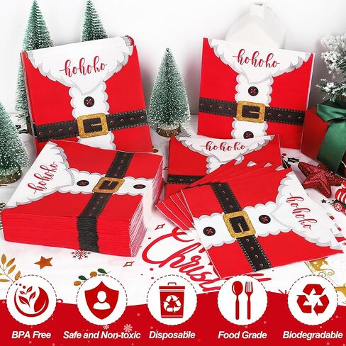 100 قطعة من مناديل عيد الميلاد، 4 طبقات مقاس 6.5 × 6.5 بوصة، مناديل عيد الميلاد الورقية للاستعمال مرة واحدة، مناديل حفلات عيد الميلاد، تصميم مشبك حزام سانتا، مناديل غداء العشاء لتزيين طاولات عيد الميلاد، مستلزمات الحفلات in Kuwait